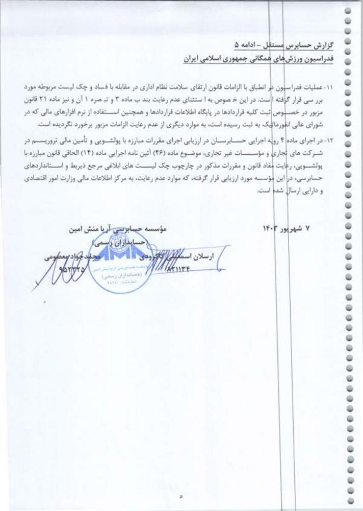 گزارش حسابرس مستقل فدراسیون ورزش‌های همگانی جمهوری اسلامی ایران